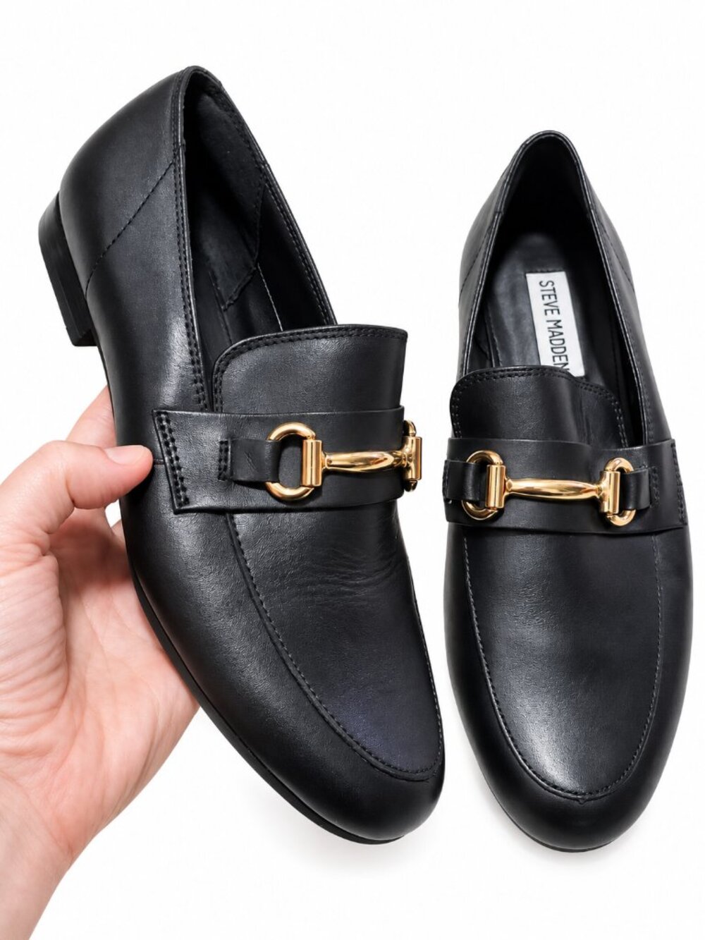 STEVE MADDEN Kerry Leather Horsebit Loafers Black Gold Sz 7 Classic Quiet Luxury